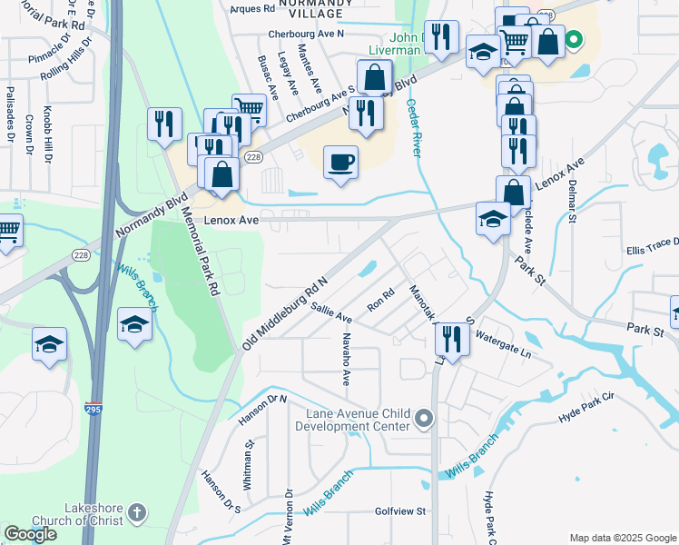 map of restaurants, bars, coffee shops, grocery stores, and more near 6954 Wyandotte Avenue in Jacksonville
