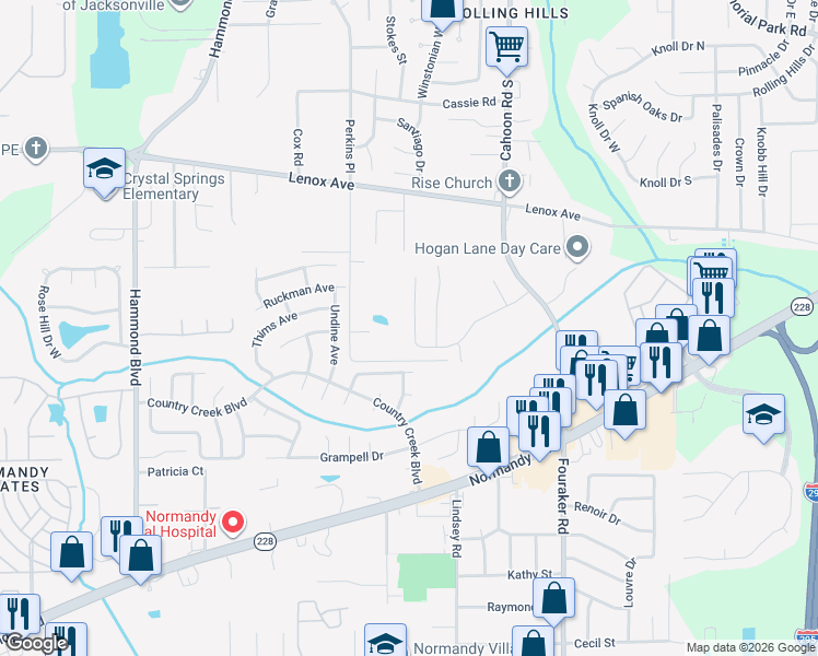 map of restaurants, bars, coffee shops, grocery stores, and more near 8304 Fouraker Forest Road in Jacksonville