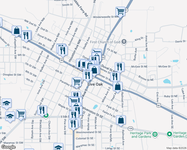 map of restaurants, bars, coffee shops, grocery stores, and more near 199 Conner Street Northwest in Live Oak