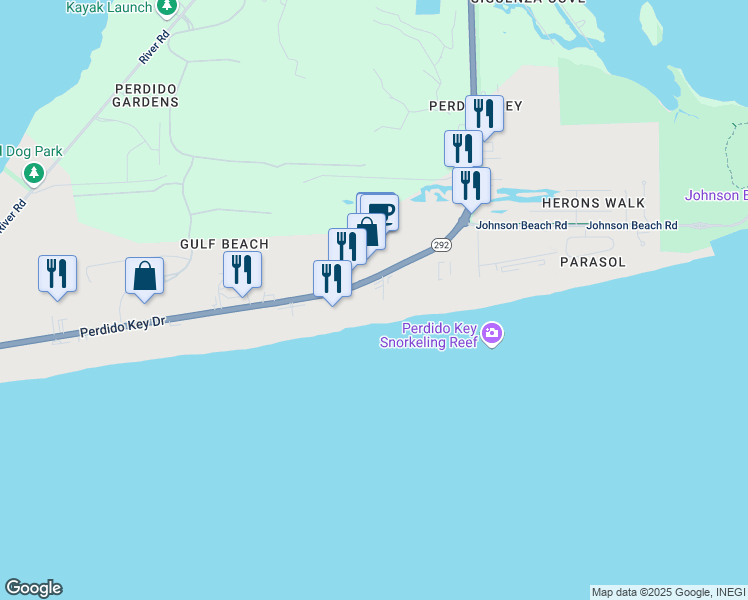 map of restaurants, bars, coffee shops, grocery stores, and more near 13810 Perdido Key Drive in Pensacola