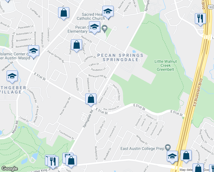 map of restaurants, bars, coffee shops, grocery stores, and more near 5506 Golden Canary Lane in Austin
