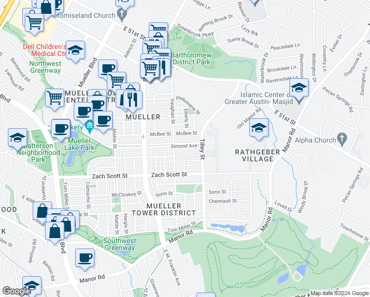 map of restaurants, bars, coffee shops, grocery stores, and more near 2601 McBee Street in Austin