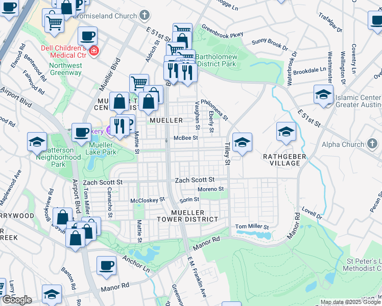 map of restaurants, bars, coffee shops, grocery stores, and more near 4500 Vaughan Street in Austin