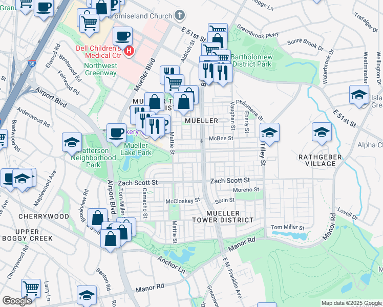 map of restaurants, bars, coffee shops, grocery stores, and more near 2121 McBee Street in Austin