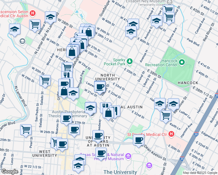 map of restaurants, bars, coffee shops, grocery stores, and more near 101 East 33rd Street in Austin