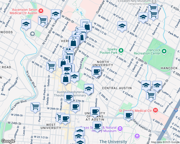 map of restaurants, bars, coffee shops, grocery stores, and more near 107 West 32nd Street in Austin