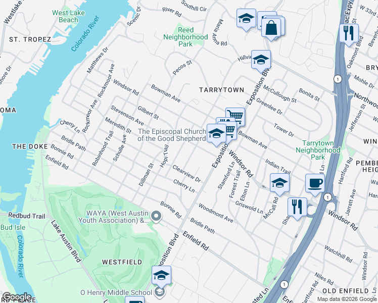 map of restaurants, bars, coffee shops, grocery stores, and more near 2909 Gilbert Street in Austin