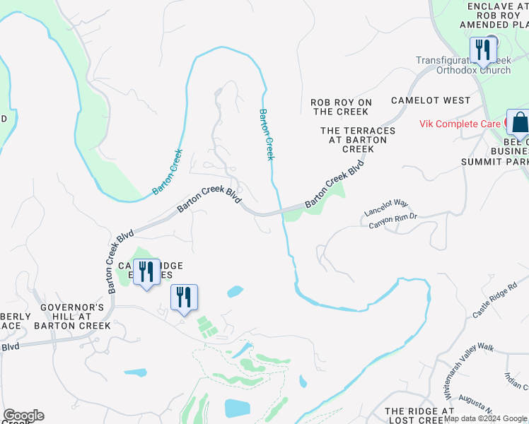 map of restaurants, bars, coffee shops, grocery stores, and more near 1250 Barton Creek Boulevard in Austin