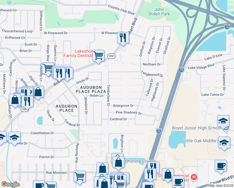 map of restaurants, bars, coffee shops, grocery stores, and more near 413 Arrowwood Drive in Slidell