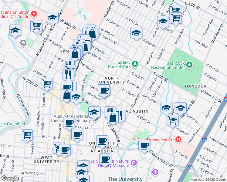 map of restaurants, bars, coffee shops, grocery stores, and more near 3203 Helms Street in Austin