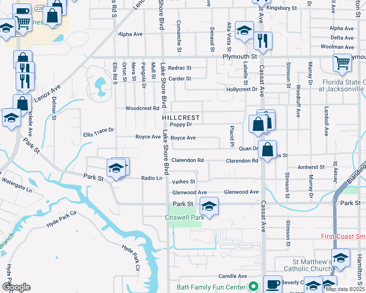map of restaurants, bars, coffee shops, grocery stores, and more near 5319 Quan Drive in Jacksonville