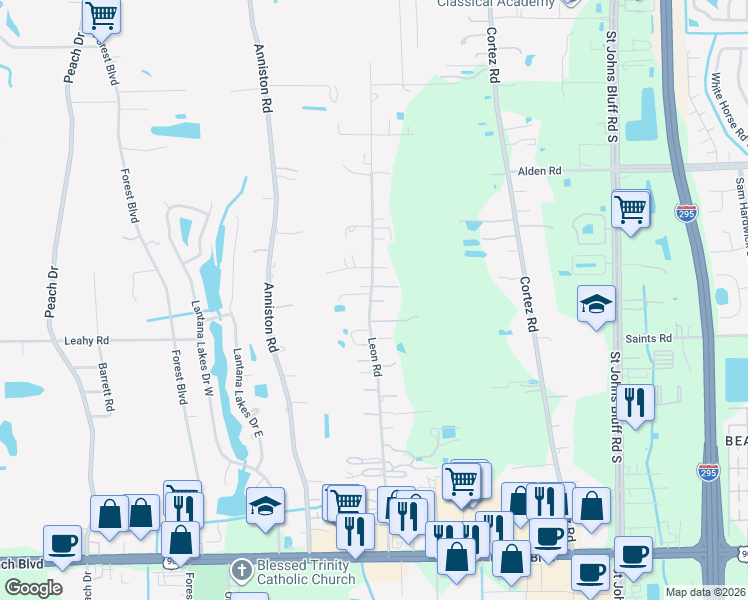 map of restaurants, bars, coffee shops, grocery stores, and more near 2724 Leon Road in Jacksonville