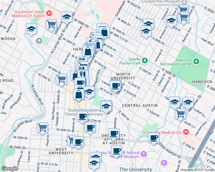 map of restaurants, bars, coffee shops, grocery stores, and more near 107 West 32nd Street in Austin