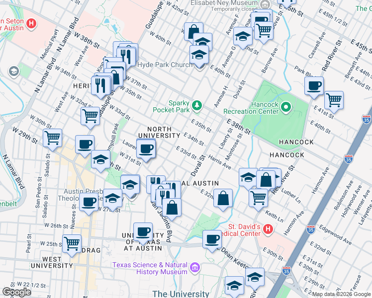 map of restaurants, bars, coffee shops, grocery stores, and more near 311 East 34th Street in Austin
