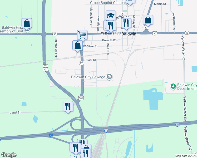 map of restaurants, bars, coffee shops, grocery stores, and more near 199 Higginbotham Street in Baldwin