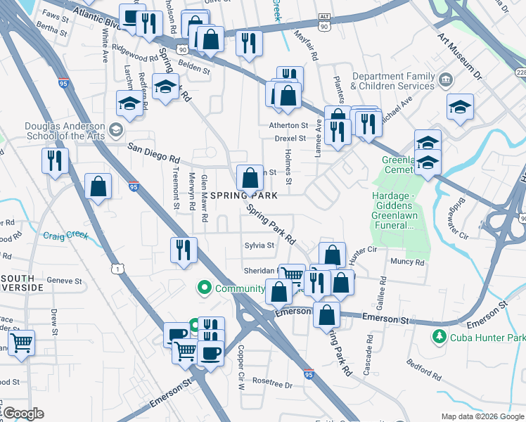 map of restaurants, bars, coffee shops, grocery stores, and more near 3342 Saint Nicholas Avenue in Jacksonville