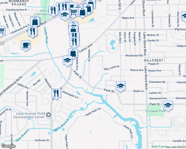 map of restaurants, bars, coffee shops, grocery stores, and more near 1425 Delmar Street in Jacksonville