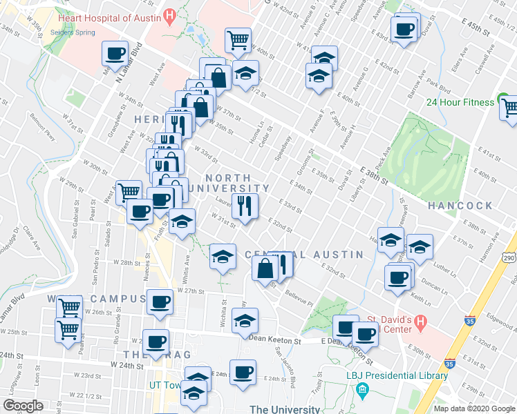 map of restaurants, bars, coffee shops, grocery stores, and more near 101 East 33rd Street in Austin