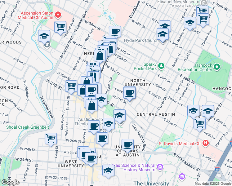 map of restaurants, bars, coffee shops, grocery stores, and more near 3117 Hemphill Park in Austin