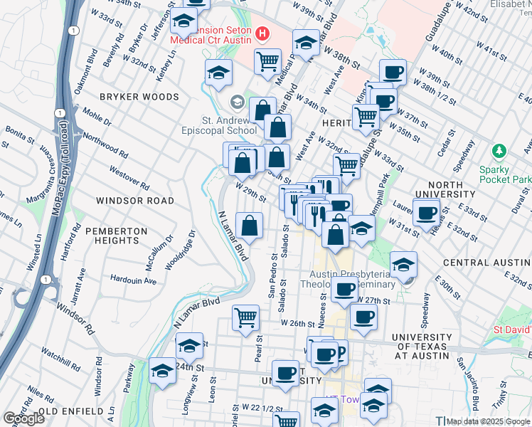 map of restaurants, bars, coffee shops, grocery stores, and more near in Austin