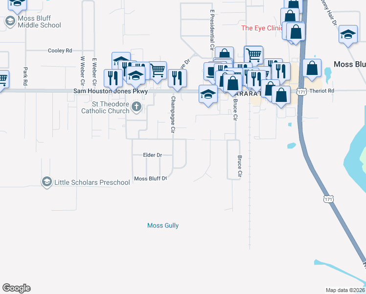 map of restaurants, bars, coffee shops, grocery stores, and more near 364 E Champagne Dr in Lake Charles