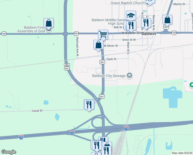 map of restaurants, bars, coffee shops, grocery stores, and more near 891 Lyons Lane in Baldwin