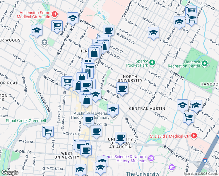 map of restaurants, bars, coffee shops, grocery stores, and more near 3117 Hemphill Park in Austin