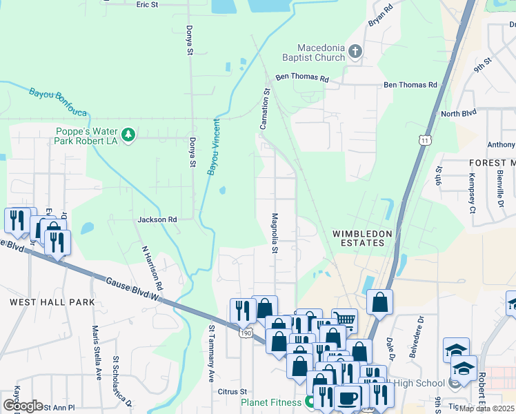 map of restaurants, bars, coffee shops, grocery stores, and more near 401 North Pine Street in Slidell