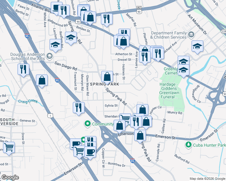 map of restaurants, bars, coffee shops, grocery stores, and more near 3342 Saint Nicholas Avenue in Jacksonville