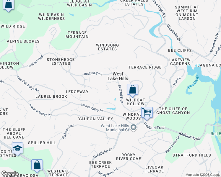 map of restaurants, bars, coffee shops, grocery stores, and more near 400 Cedar Oak Drive in West Lake Hills