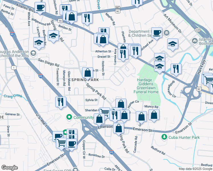map of restaurants, bars, coffee shops, grocery stores, and more near 2610 Nicholas Circle West in Jacksonville