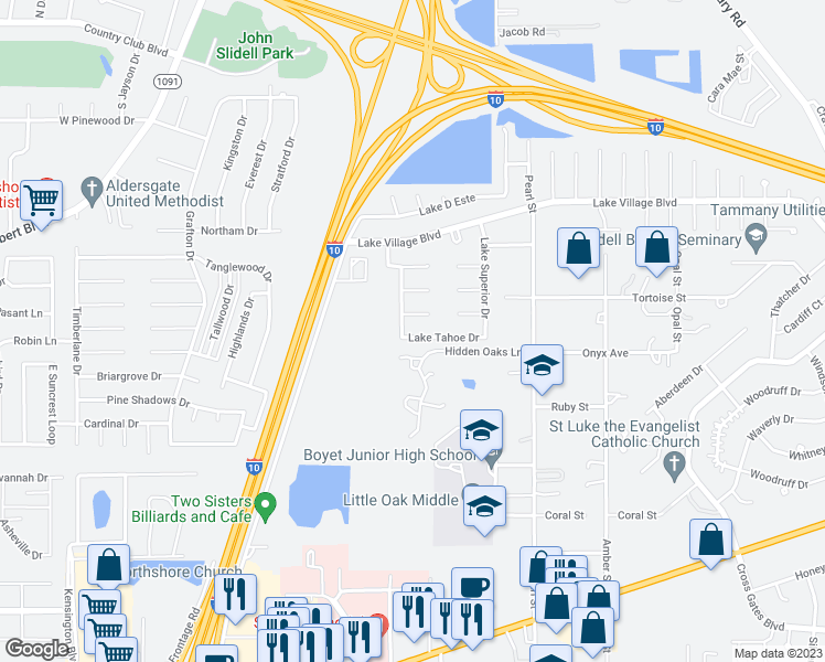 map of restaurants, bars, coffee shops, grocery stores, and more near 202 Lake Tahoe Drive in Slidell