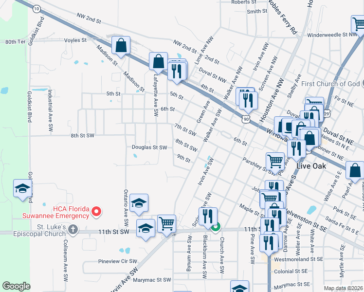 map of restaurants, bars, coffee shops, grocery stores, and more near 830 8th Street SouthWest in Live Oak