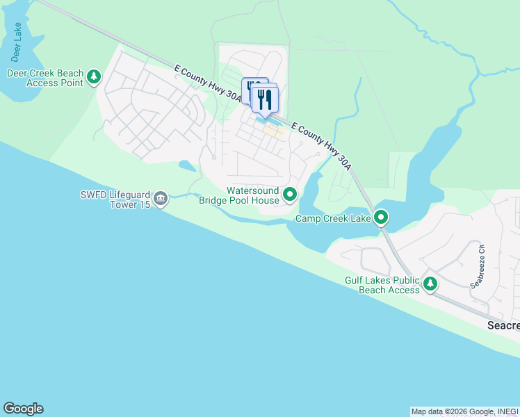 map of restaurants, bars, coffee shops, grocery stores, and more near 45 Tidal Bridge Way in Rosemary Beach