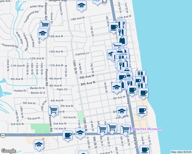 map of restaurants, bars, coffee shops, grocery stores, and more near 548 Barbara Lane in Jacksonville Beach