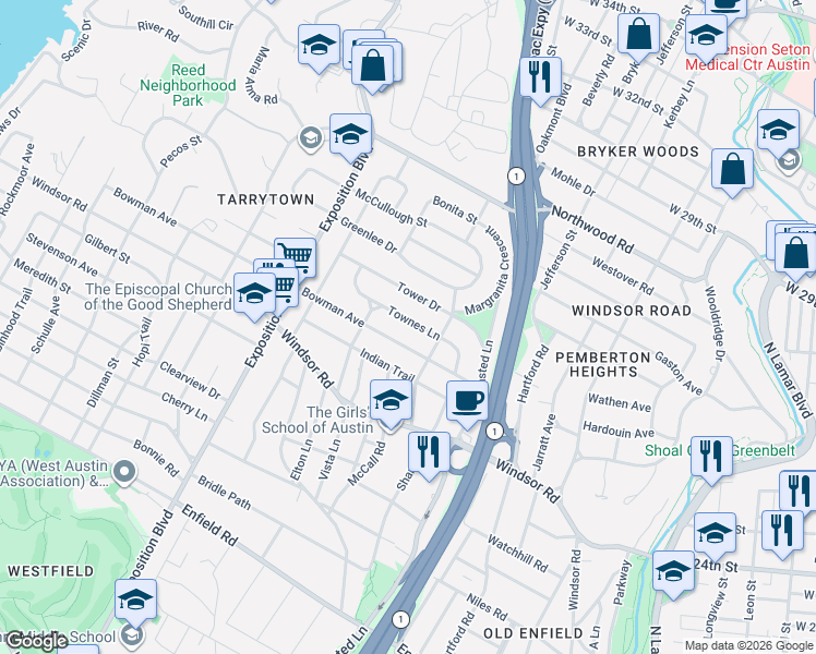 map of restaurants, bars, coffee shops, grocery stores, and more near 2301 Townes Lane in Austin
