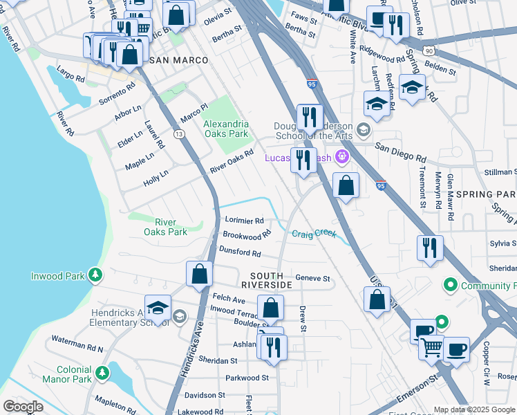 map of restaurants, bars, coffee shops, grocery stores, and more near 1805 Lorimier Road in Jacksonville