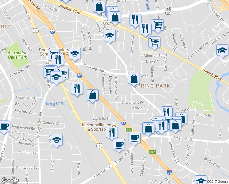 map of restaurants, bars, coffee shops, grocery stores, and more near 2709 Glen Mawr Road in Jacksonville