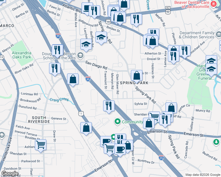 map of restaurants, bars, coffee shops, grocery stores, and more near 2703 Treemont Street in Jacksonville
