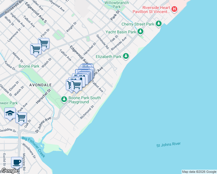 map of restaurants, bars, coffee shops, grocery stores, and more near 3500 Hedrick Street in Jacksonville