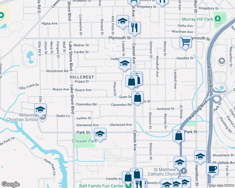 map of restaurants, bars, coffee shops, grocery stores, and more near 1332 Placid Place in Jacksonville