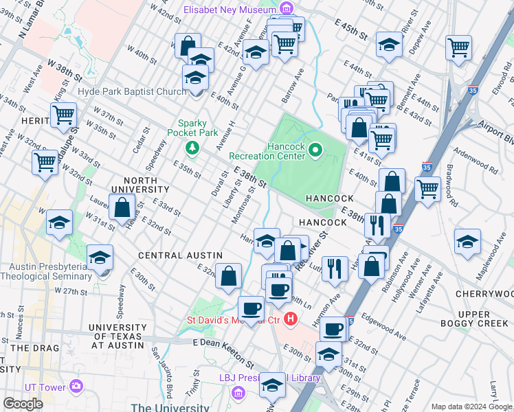 map of restaurants, bars, coffee shops, grocery stores, and more near 704 Texas Avenue in Austin