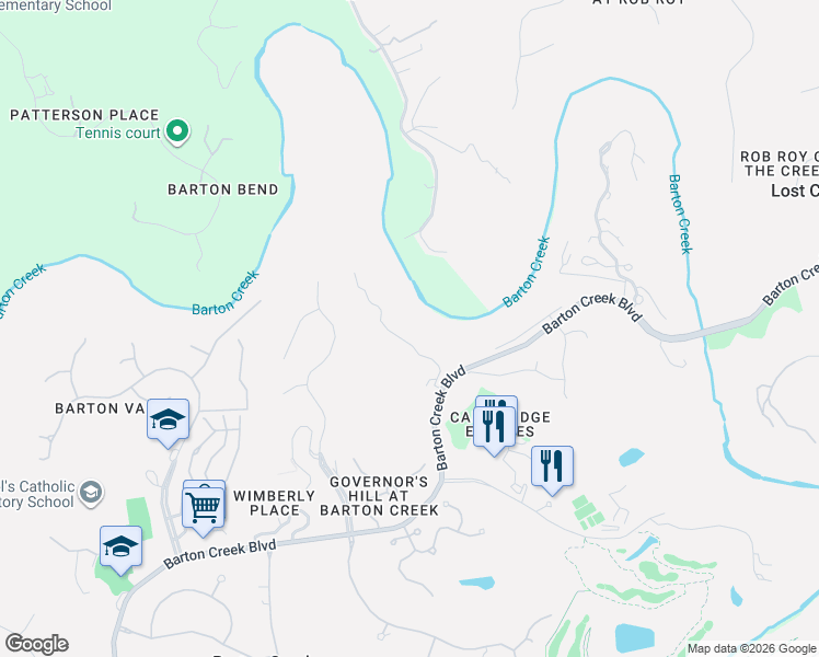 map of restaurants, bars, coffee shops, grocery stores, and more near 1702 Barton Creek Boulevard in Austin