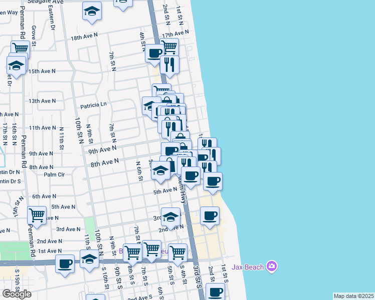 map of restaurants, bars, coffee shops, grocery stores, and more near 281 8th Avenue North in Jacksonville Beach