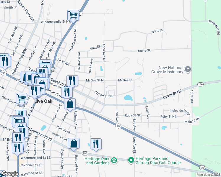 map of restaurants, bars, coffee shops, grocery stores, and more near 404 Anna Avenue Northeast in Live Oak