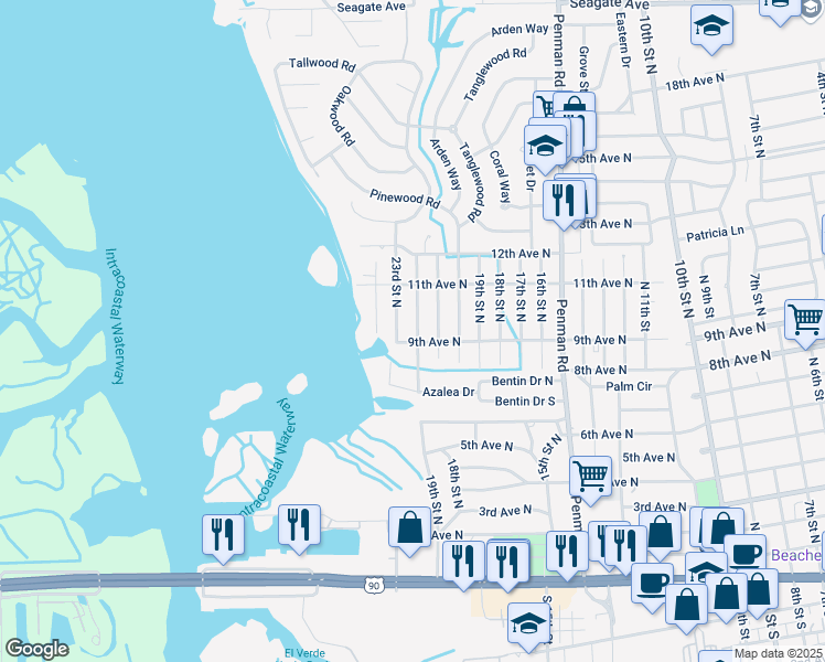 map of restaurants, bars, coffee shops, grocery stores, and more near 1006 22nd Street North in Jacksonville Beach