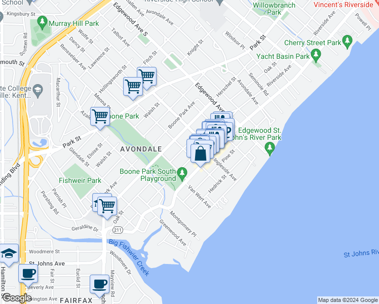 map of restaurants, bars, coffee shops, grocery stores, and more near 1751 Dancy Street in Jacksonville