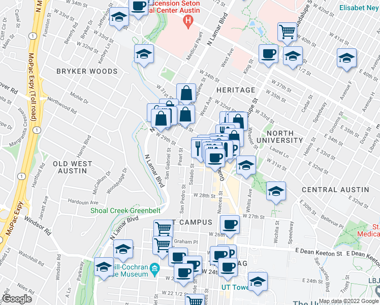 map of restaurants, bars, coffee shops, grocery stores, and more near West Ave & W 29th St in Austin