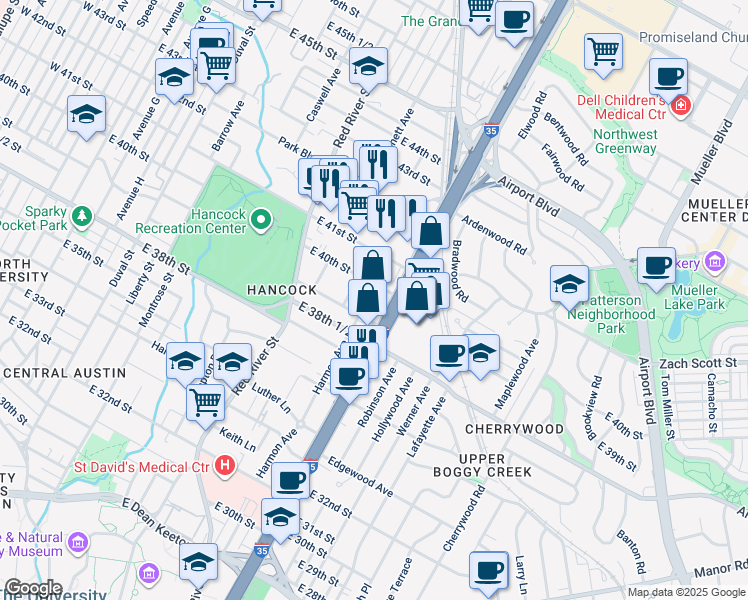 map of restaurants, bars, coffee shops, grocery stores, and more near 4000 Interstate 35 in Austin