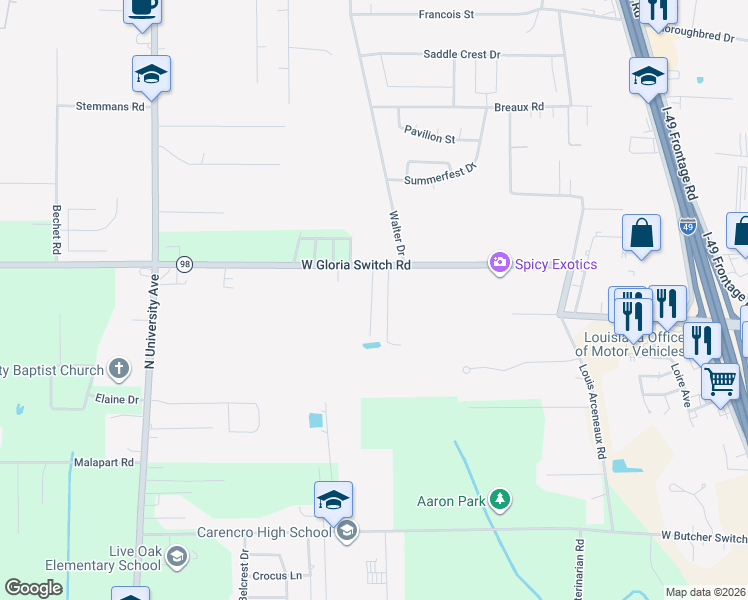 map of restaurants, bars, coffee shops, grocery stores, and more near 701 West Gloria Switch Road in Lafayette